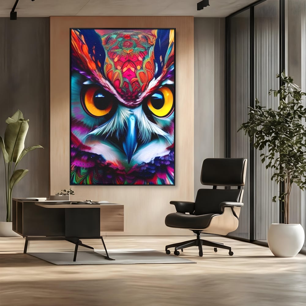 Tablou canvas cu portret digital de bufnita colorata, in rama de aluminiu negru, pe perete intr-un birou